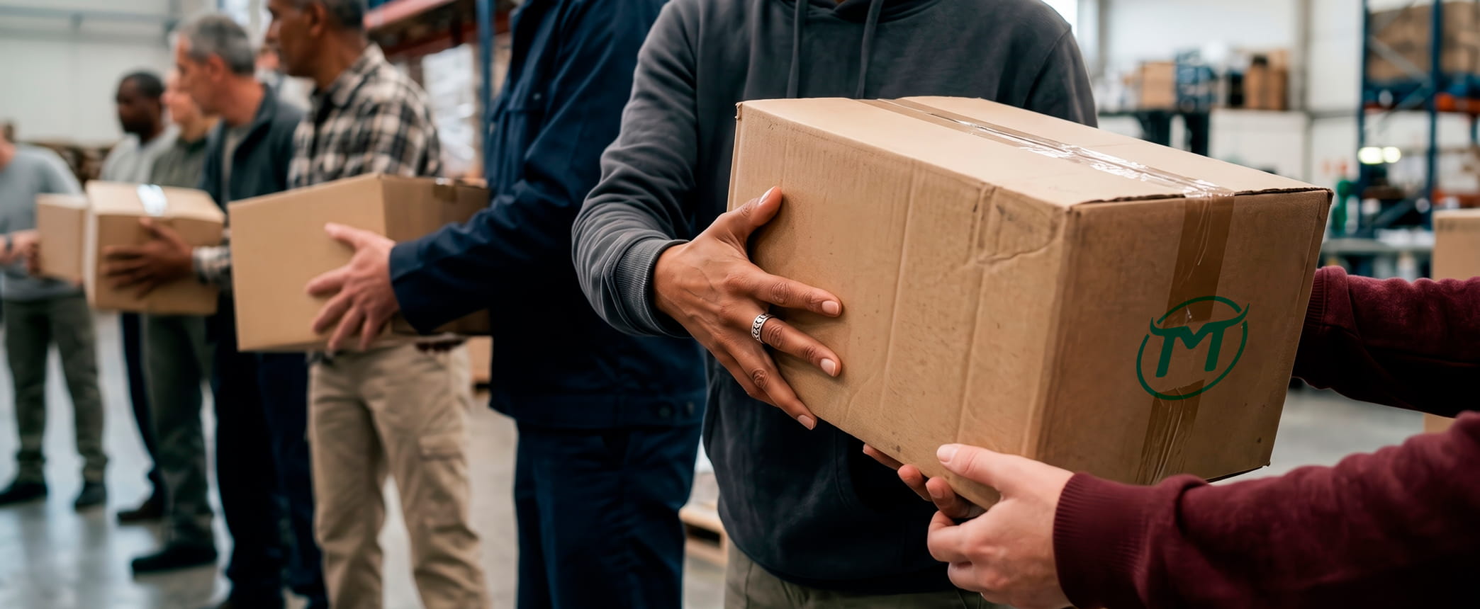 People forming a line, passing cardboard boxes hand to hand in a warehouse
