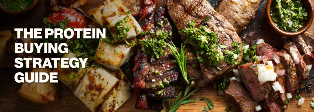 Grilled steak platter with chimichurri sauce on a wooden board, featuring the title "The Protein Buying Strategy Guide".
