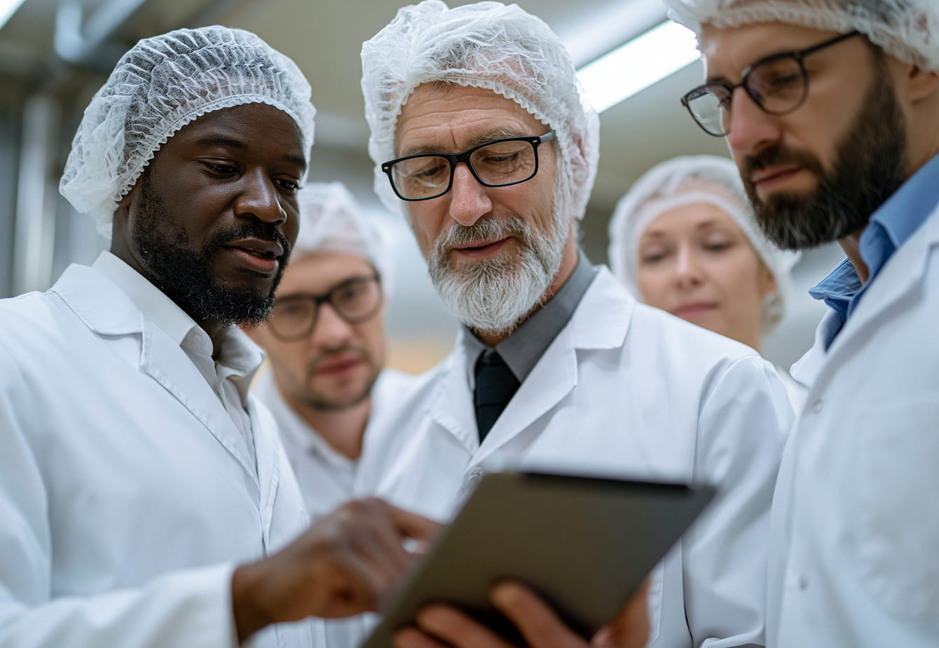 Food industry professionals in hairnets and lab coats reviewing quality control data on a tablet