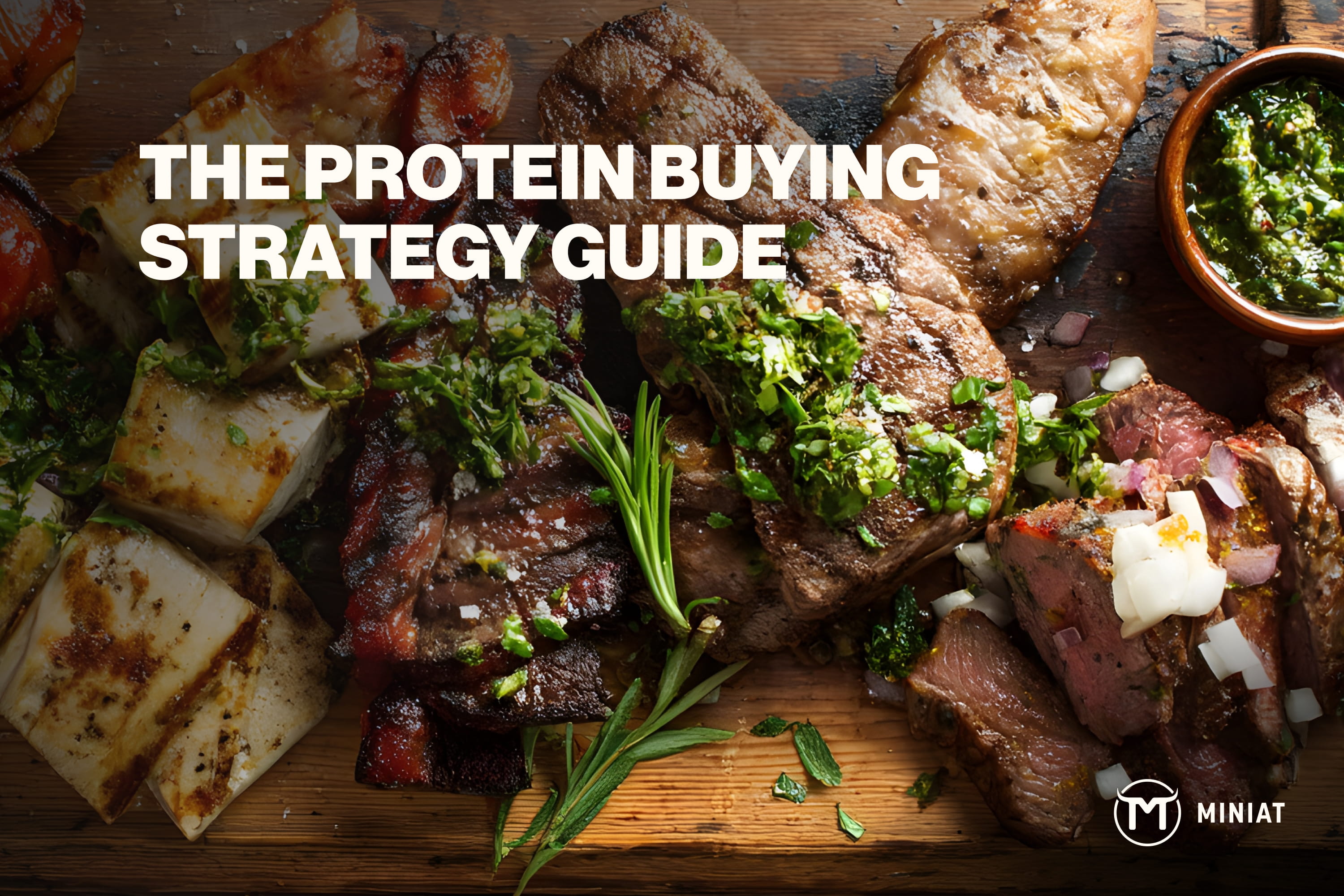 Grilled steak platter with chimichurri sauce on a wooden board, featuring the title "The Protein Buying Strategy Guide" and the Miniat logo.